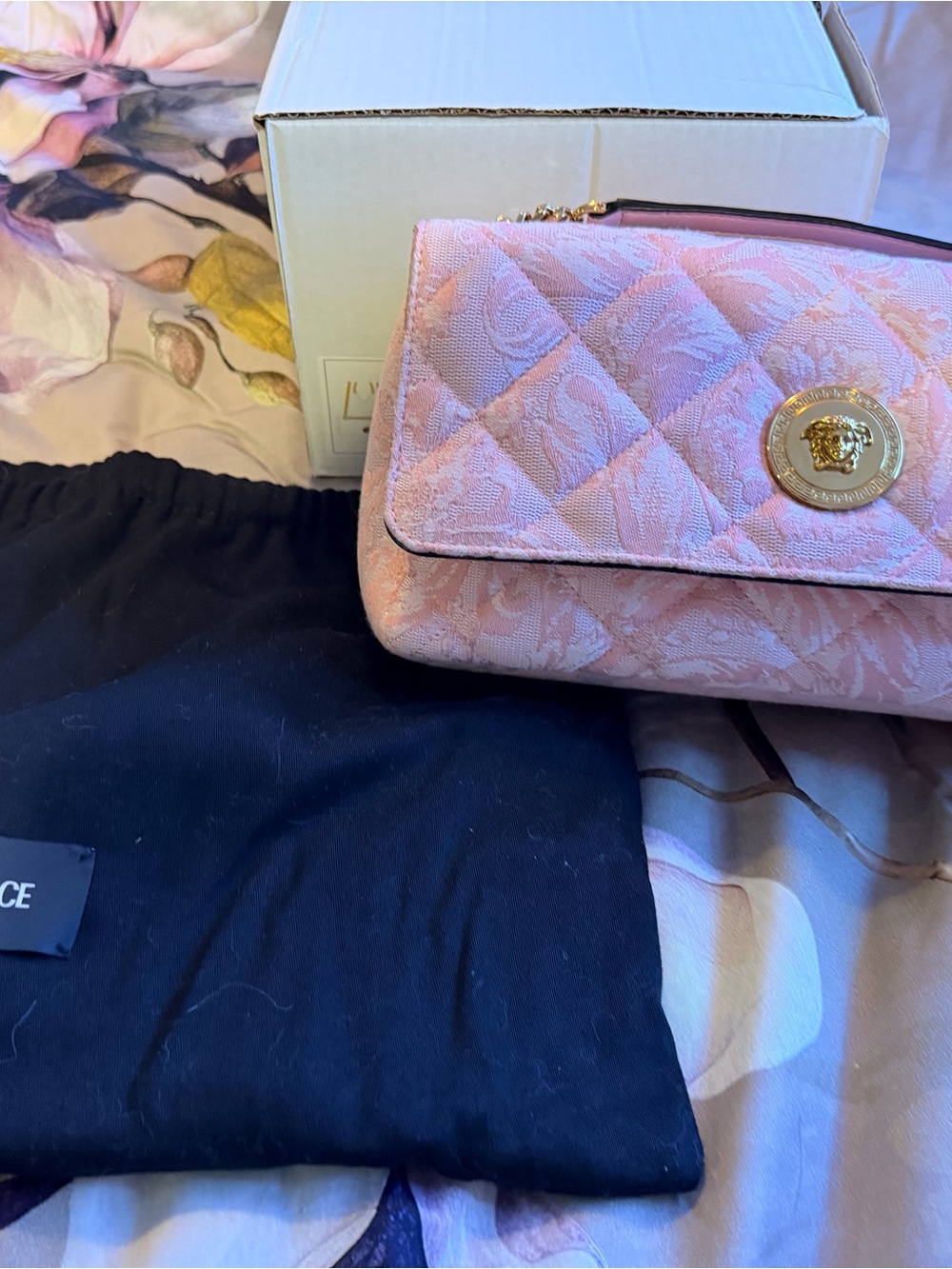 Versace Quilted Pink Jacquard Shoulder Bag with Medallion